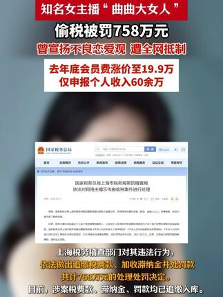 网络主播曲曲大女人偷税被罚758万事件，警示作用深度剖析与反思
