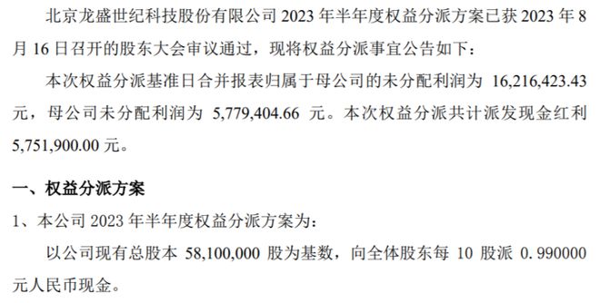 新经典（603096.SH）2023年度高额股息派发，每10股获派9元，股权登记日为6月6日