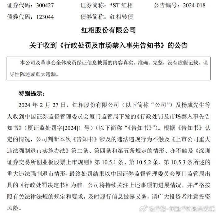 ST红相信披违规遭立案调查，股民索赔程序启动