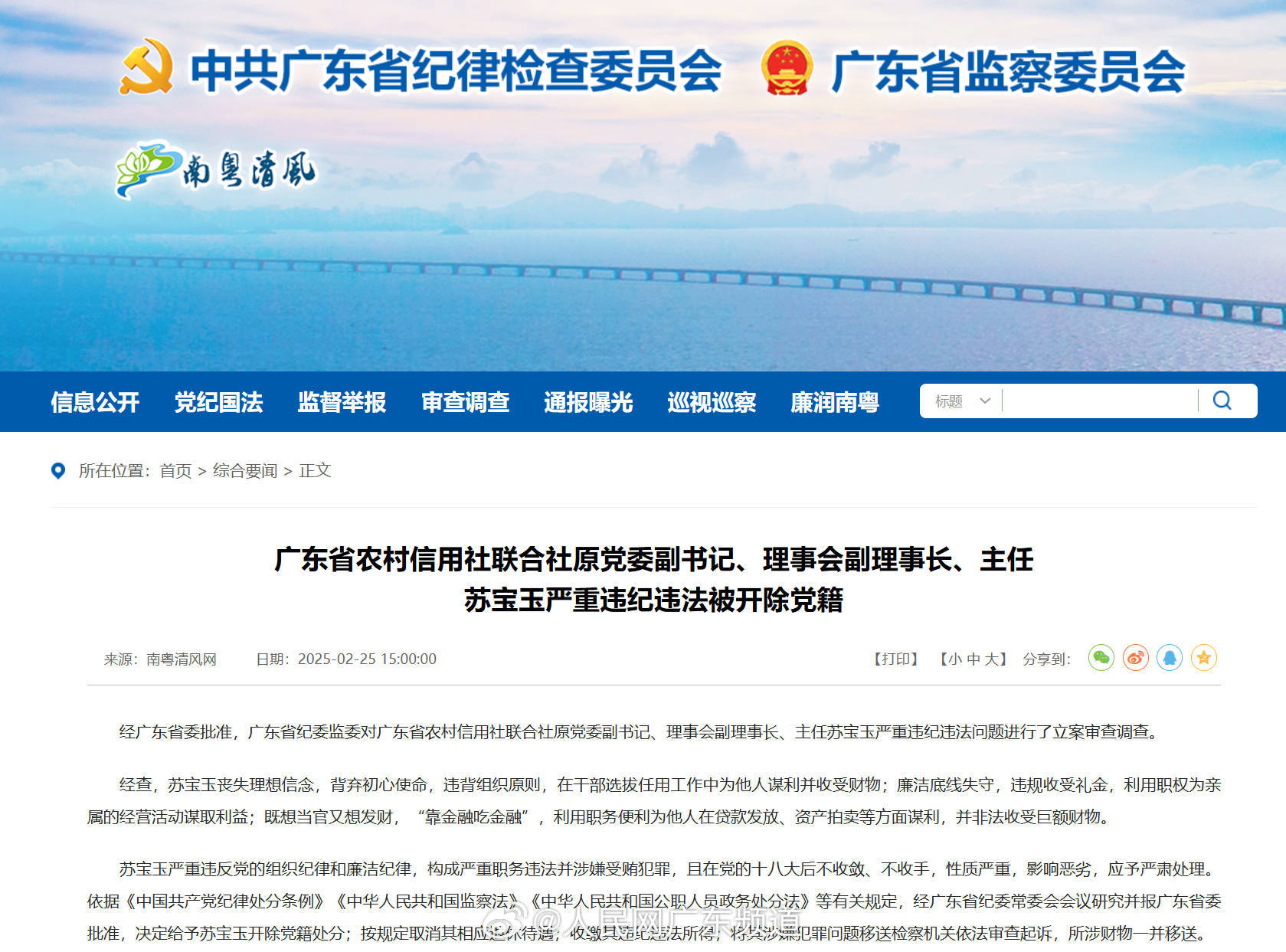 广东省农村信用社联合社原党委副书记苏宝玉被开除党籍处分通知发布