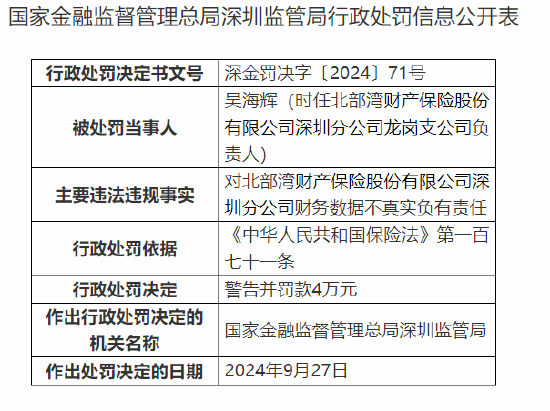 大家财险深圳分公司因财务数据不真实被罚款10万元，行业监管与自我规范警钟敲响