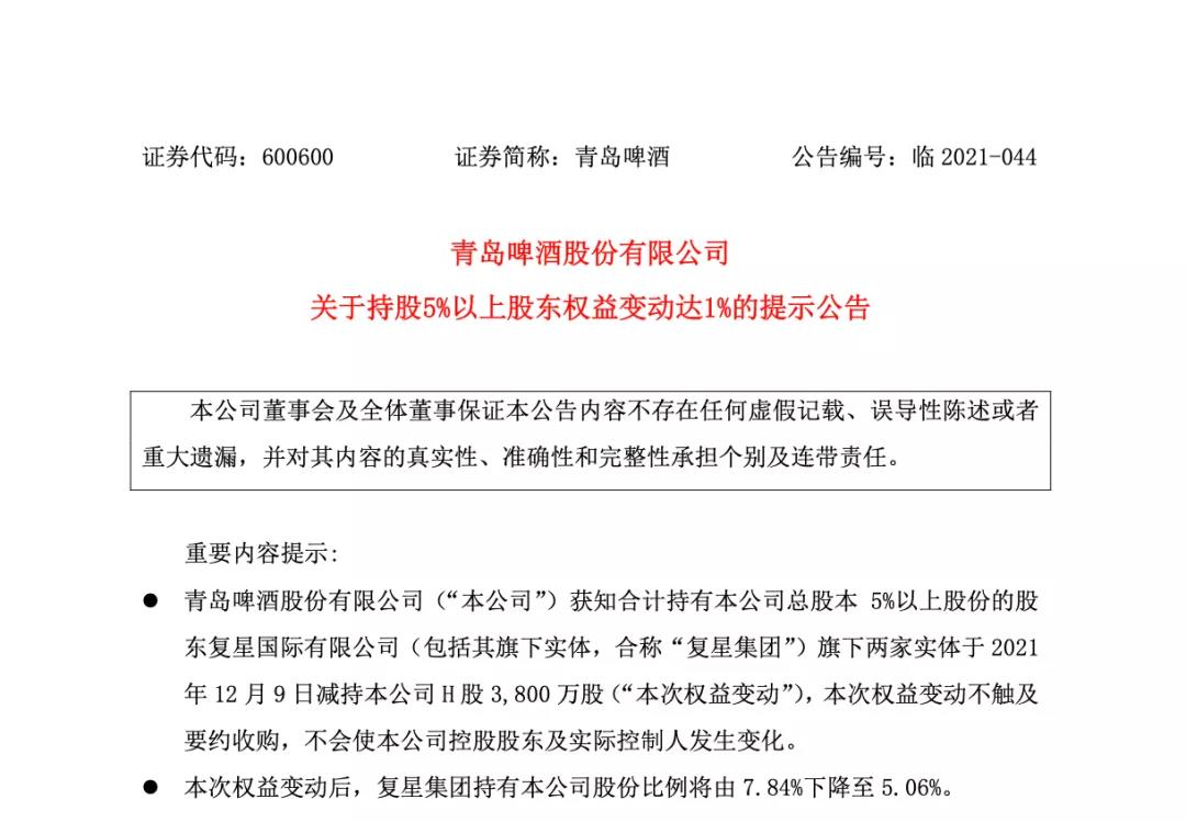 青岛啤酒股份高额现金红利派送，每股获派2元利好股东消息