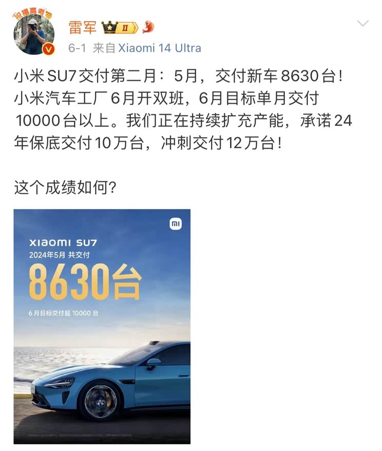 雷军引领小米汽车工厂开启双班制，冲刺年产销高峰，单月交付目标超万辆