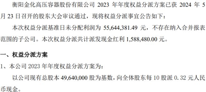 壶化股份2023年度权益分派，每10股派发2.5元，股东共享丰收成果